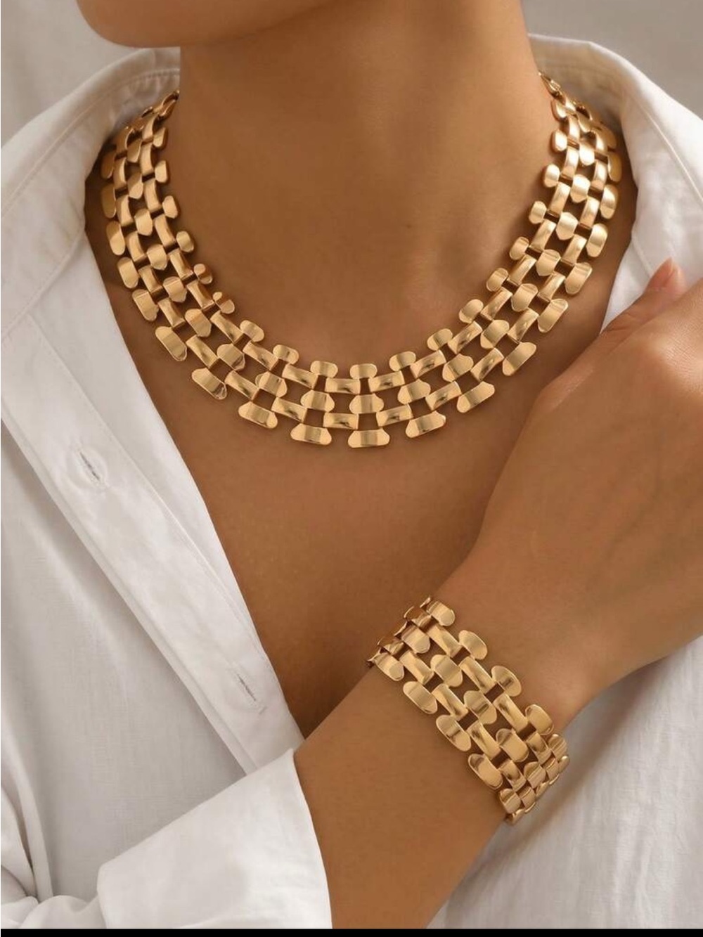Gold Link Statement Necklace and Bracelet Set